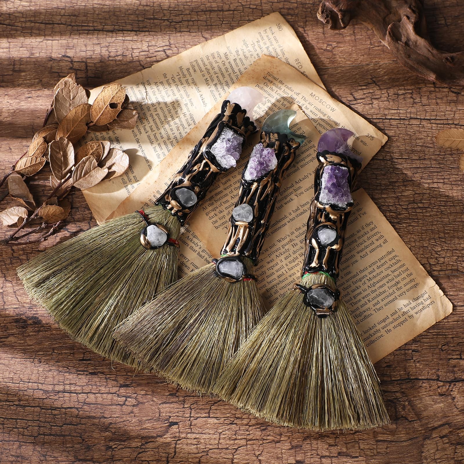 Crystal Witch Altar Broom Moon Design Amethyst Natural Healing Crystals Reiki