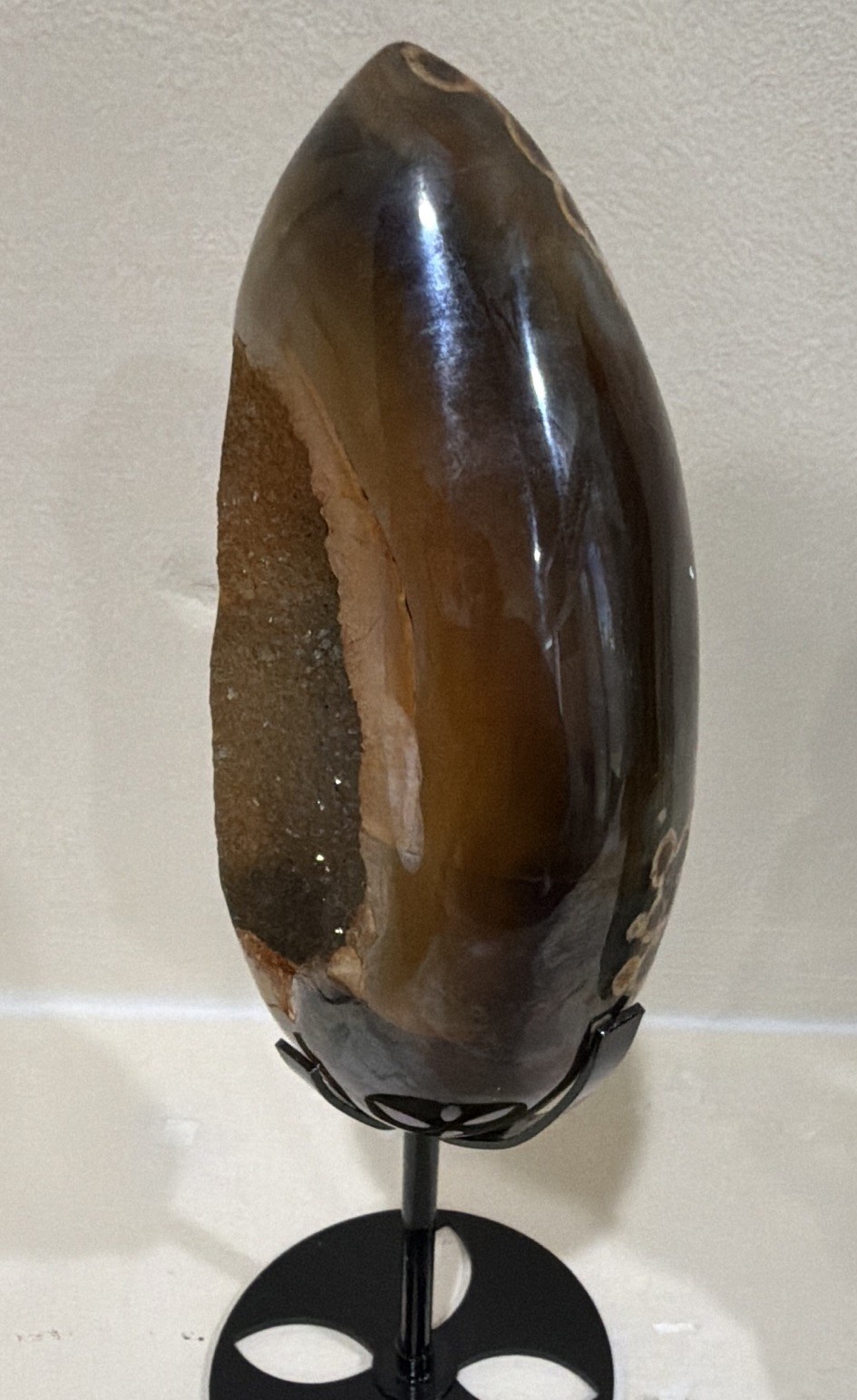 Polished Druzy Geode Agate Egg Crystal Mineral Display Specimen on Metal Stand