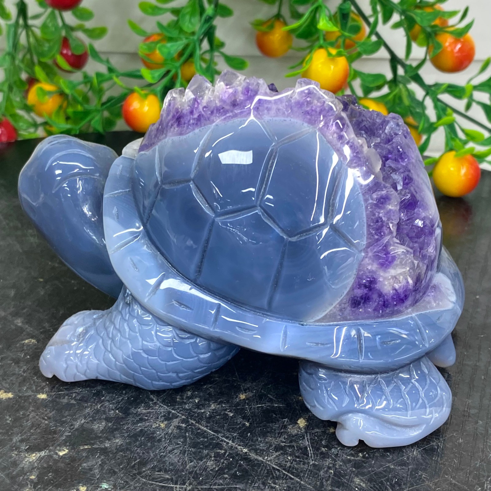 2.51LB Natural amethyst agate turtle Crystal turtle carving healing Home decora