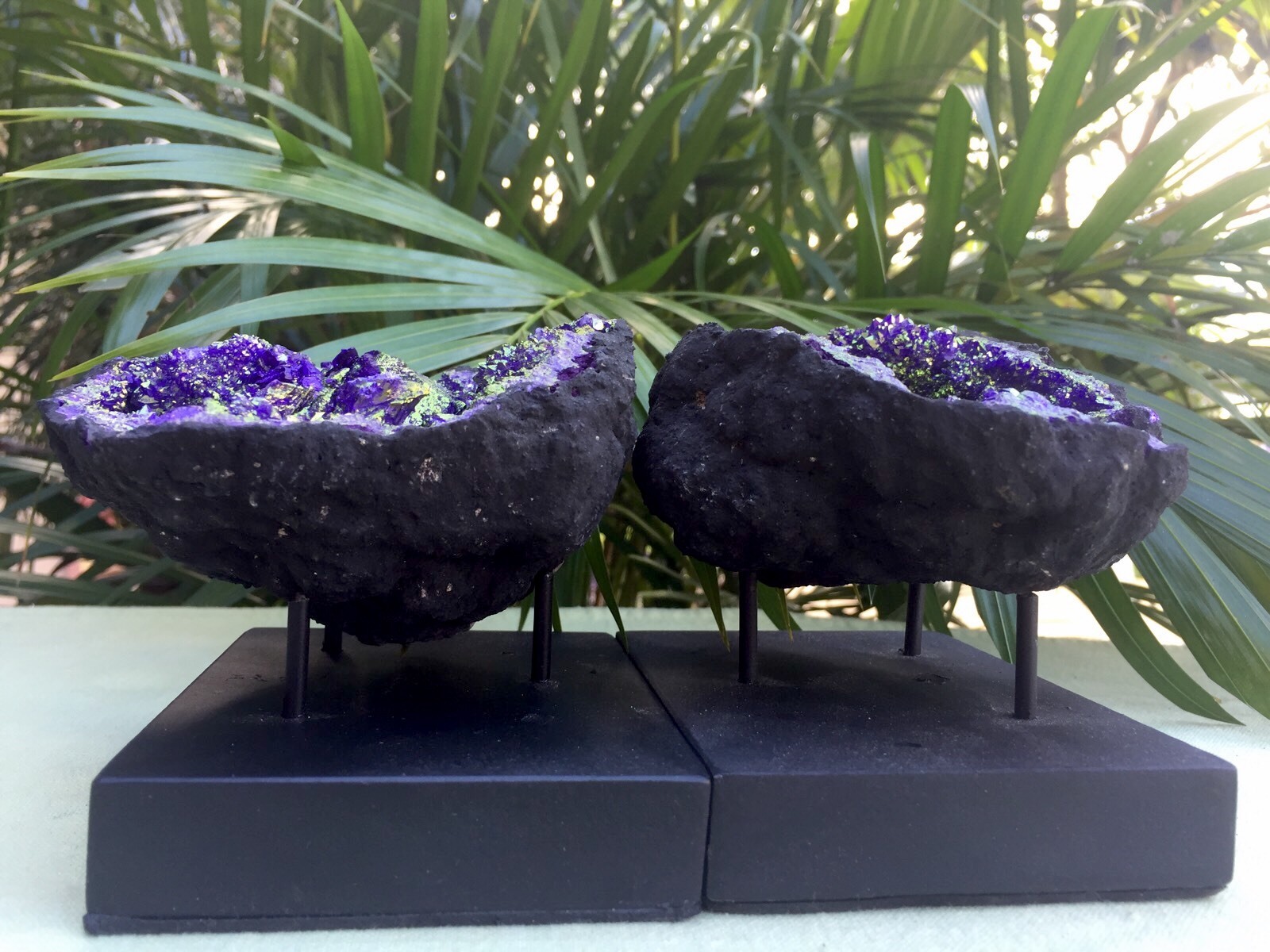 Large Purple Geode Pair W/Stands Crystal Geode Quartz Moroccan Geode Half Open.