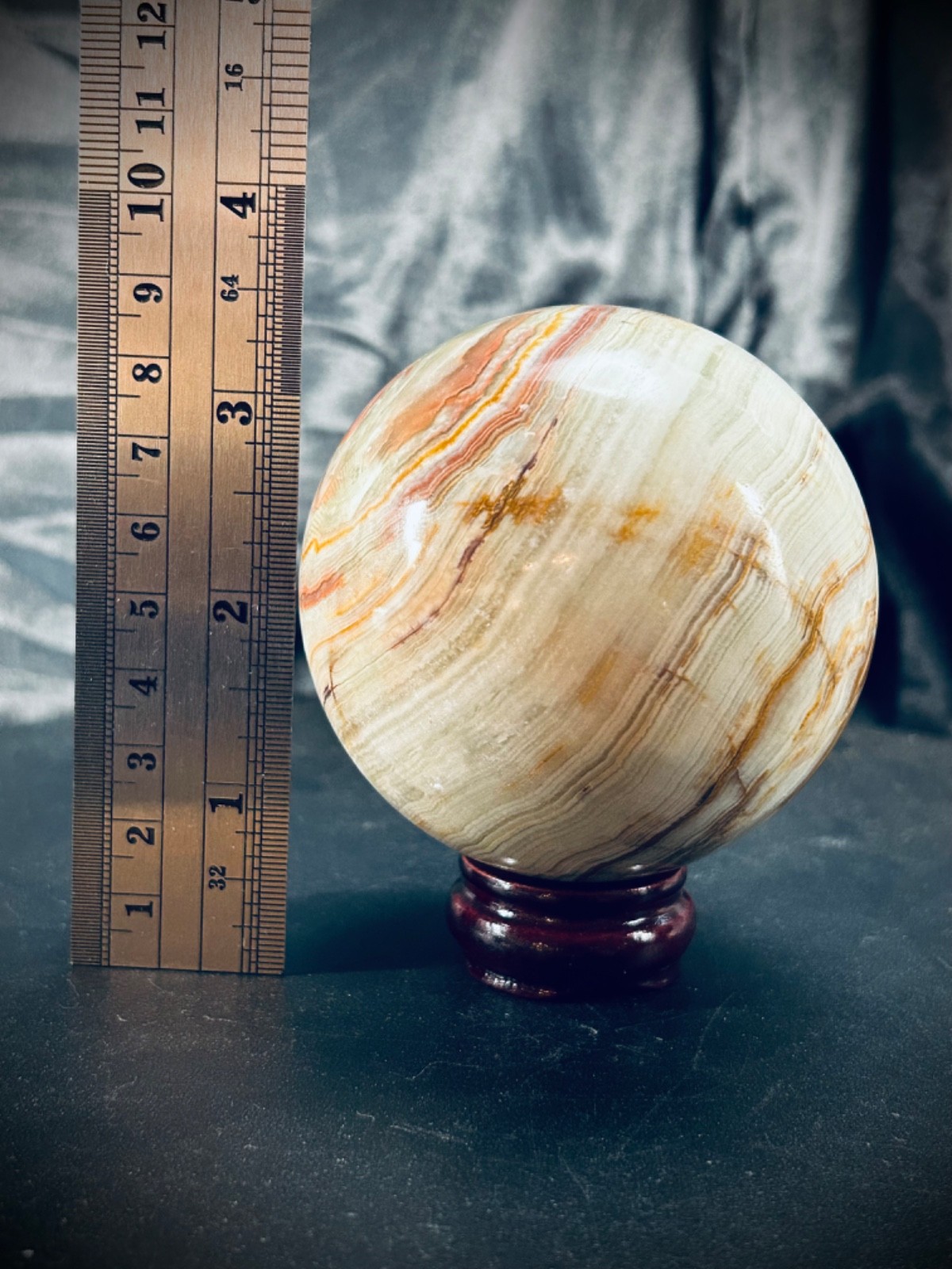 2.95″ Banded Calcite (Green Banded Onyx) Sphere with Wood Stand 1lb 5oz