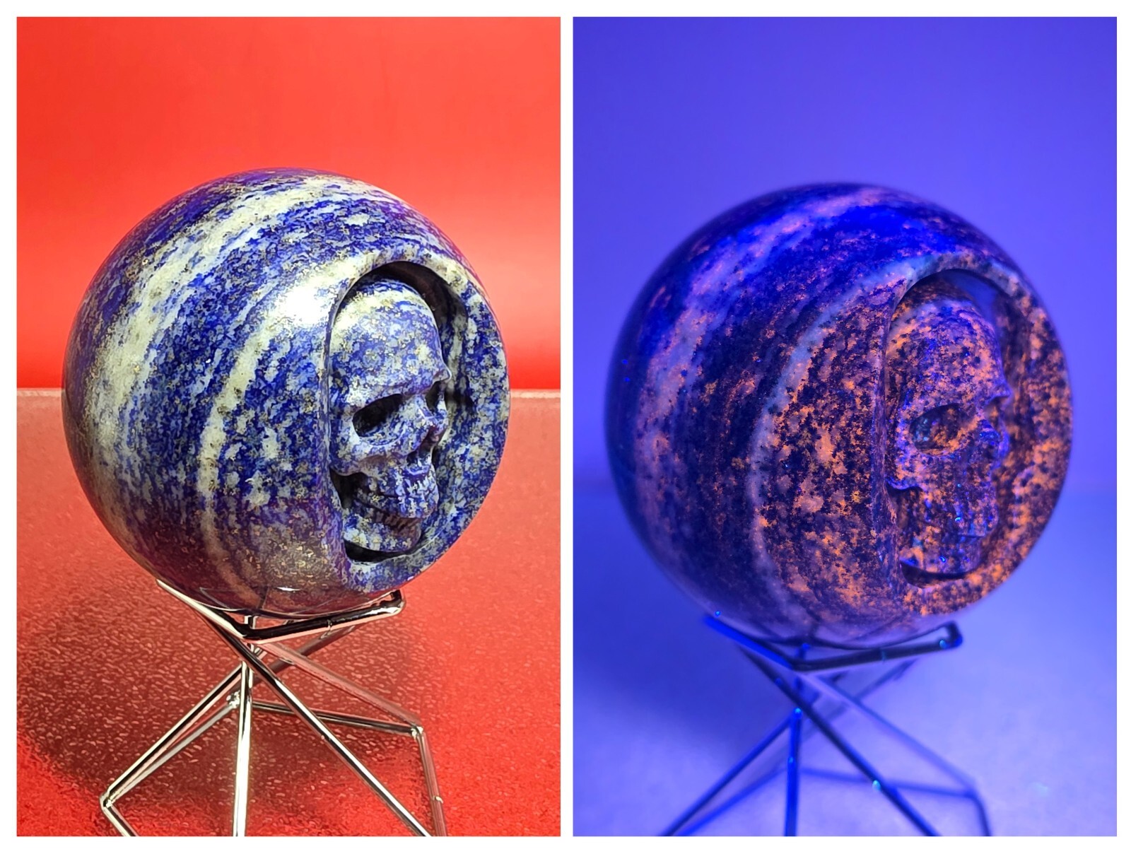 400G Rare UV Blue Lapis Lazuli Crystal Sphere Hand Carved Skull Reiki Healing