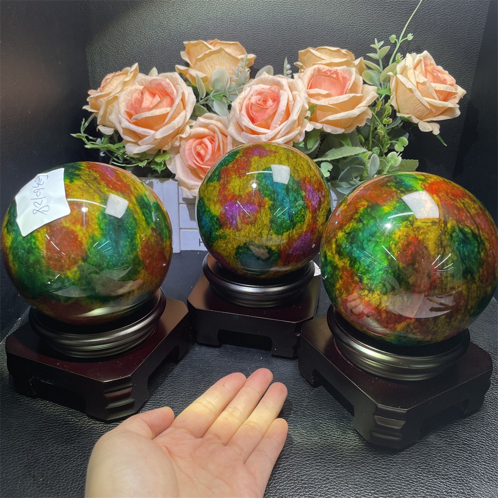 Random 1pc 3.8LB 3.8″Seven Color Stone Sphere Crystal Reiki Quartz Ball+Stand