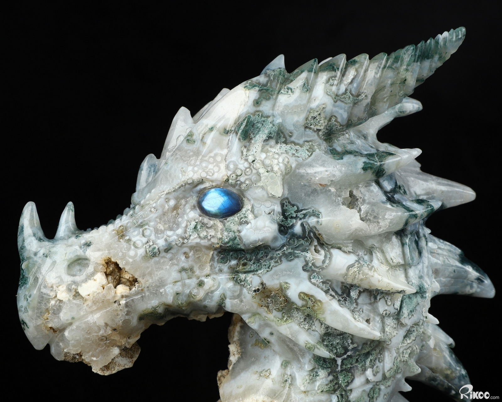 6.9″ Green Moss Agate Carved Crystal Dragon & Labradorite Eyes , Realistic
