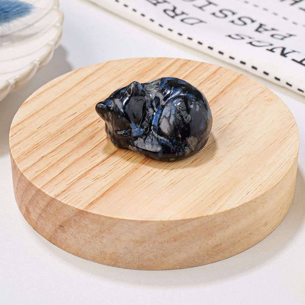 Natural 36mm Amphibole Quartz Crystal Carved Sleeping Cat Gemstone Statue Decor