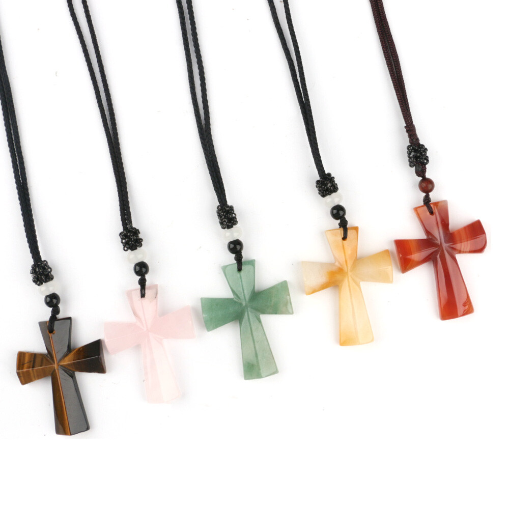 Natural Chakra Cross Quartz Crystal Stone Healing Gemstone Pendant Necklace Gift