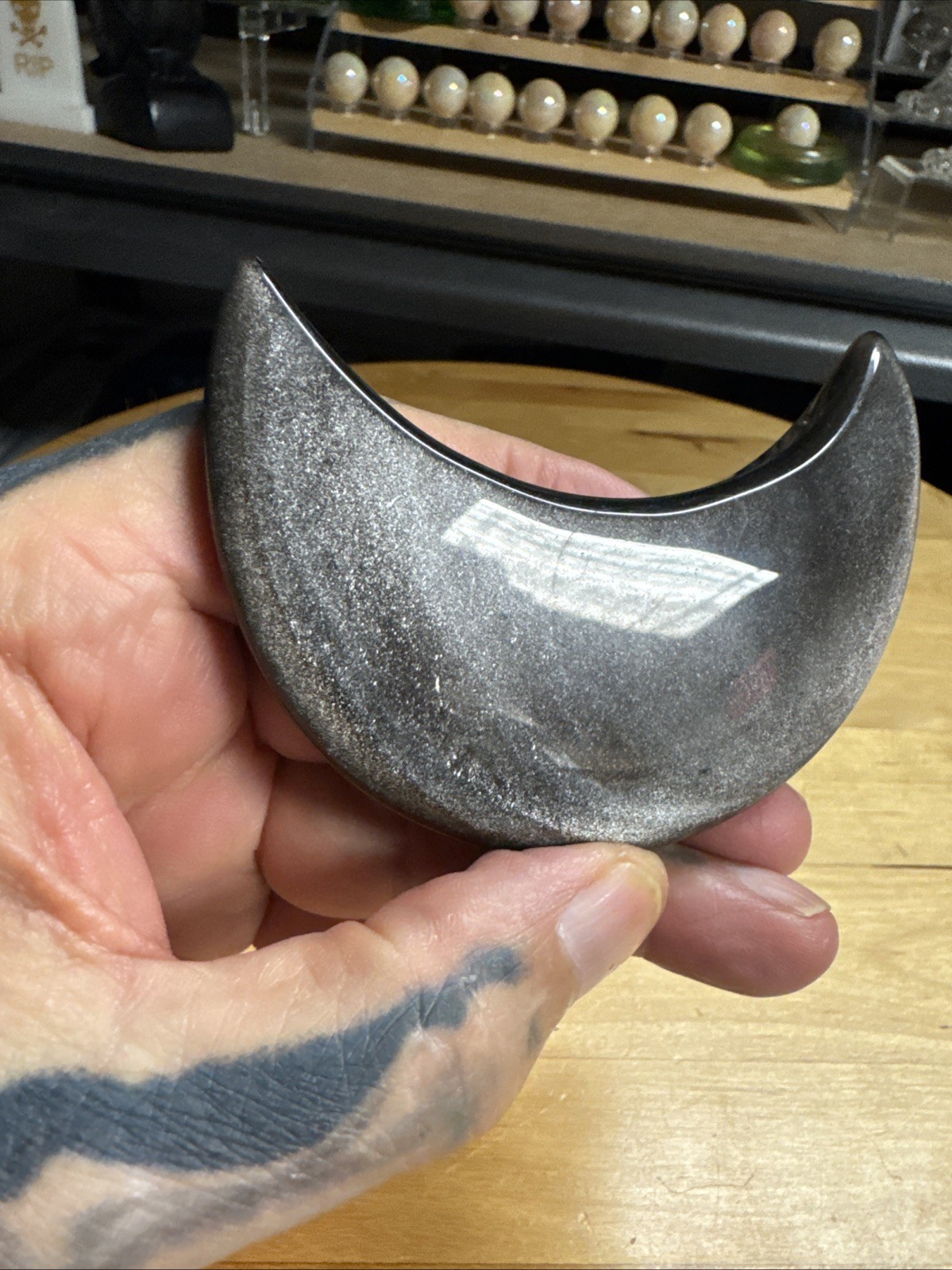 6703 Obsidian Silver Sheen Moon Stand Not Included 2.0”T 3.4”W .6”Th Wt. 4 Oz.
