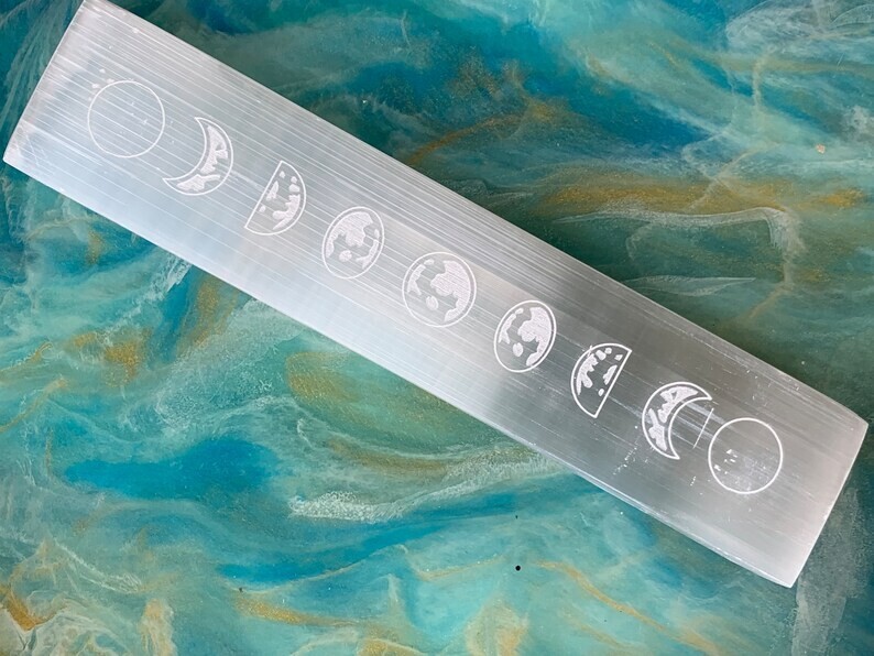 8” Moon Phase Wand, Selenite Gemstone, White Selenite, Gypsum Crystals, Selenite
