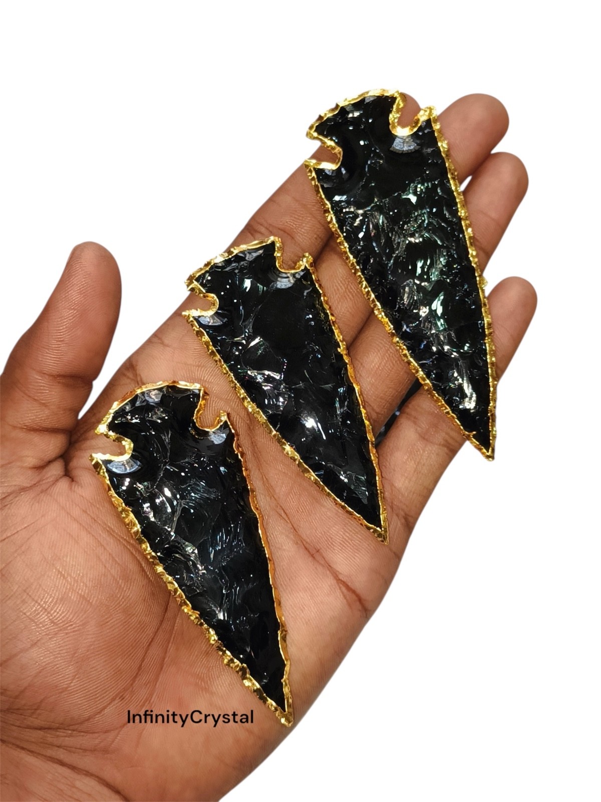 Black Obsidian Arrowheads 5 Pieces Set Gold Electroplated 3-4” Healing Crystals