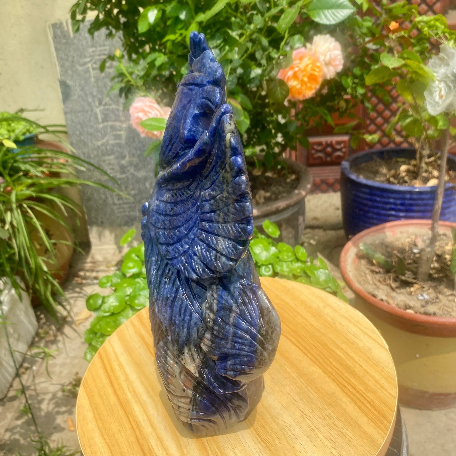 7.71LB Natural Blue Vein Stone Phoenix Carving, Home Decoration