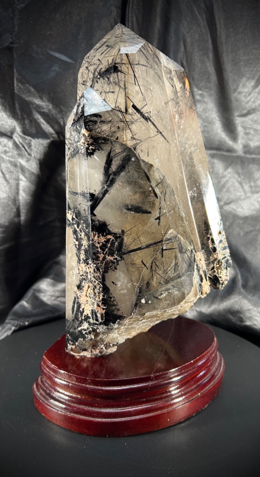 Amazing Polished Tourmalinated Quartz Specimen with Custom Wood Stand 9lb 10oz