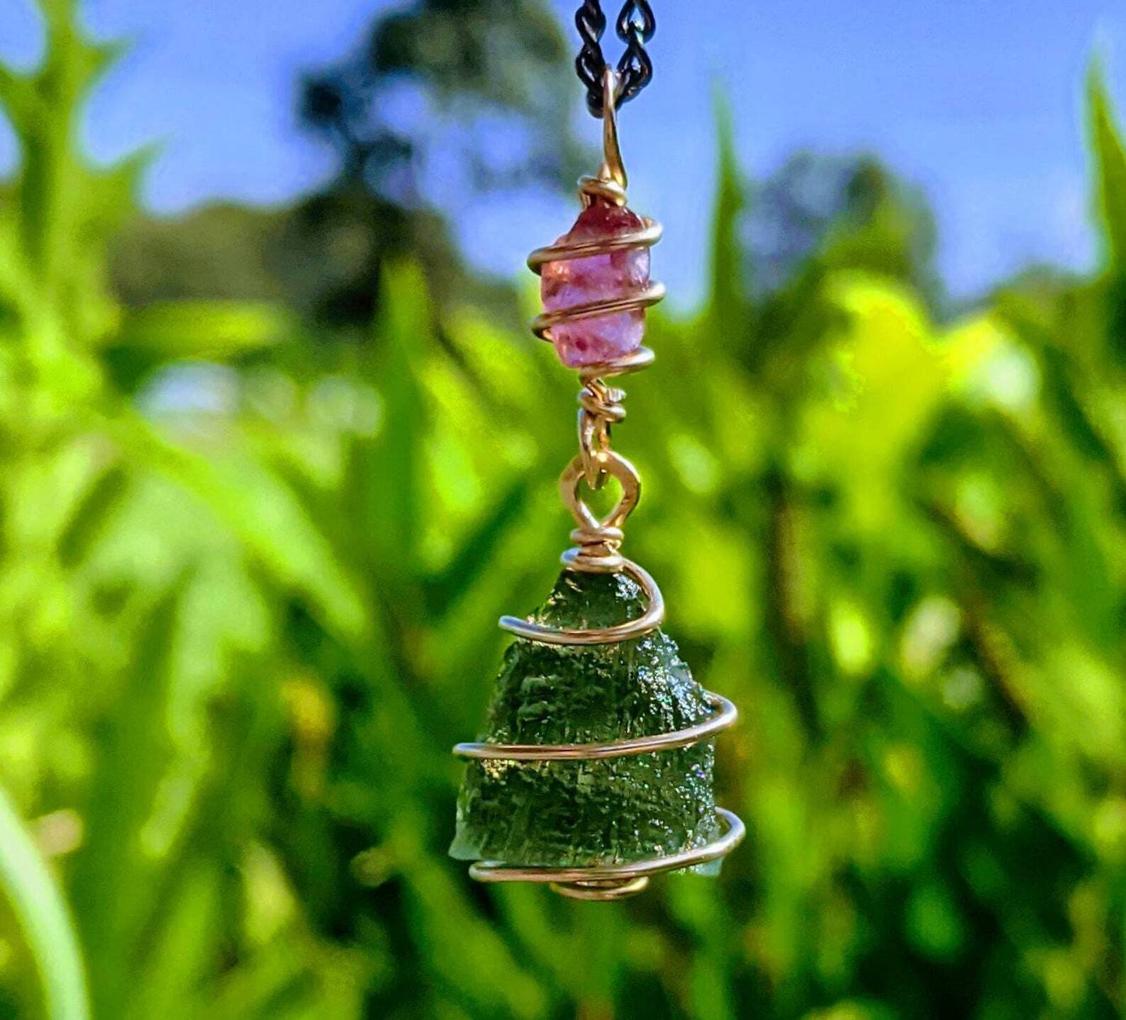 MOLDAVITE NECKLACE Pink Tourmaline 12kt Gold Certified Genuine Moldavite Pendant