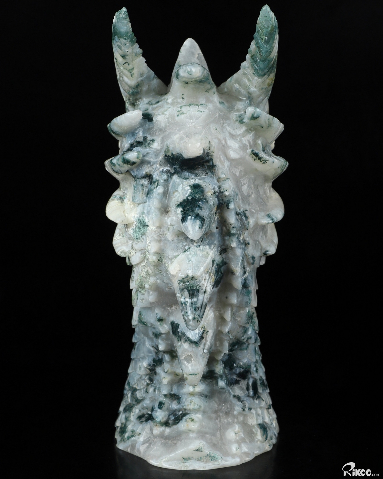 6.9″ Green Moss Agate Carved Crystal Dragon & Labradorite Eyes , Realistic