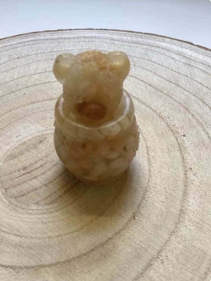 Authentic Carved Amber Calcite Crystal, Bear In Honey Pot, Home Decoration