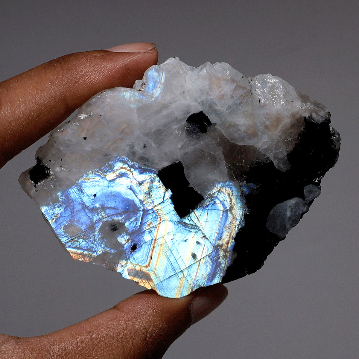 Divine Intuition — Natural Rainbow Moonstone W/ Tourmaline Electric Fire Slab