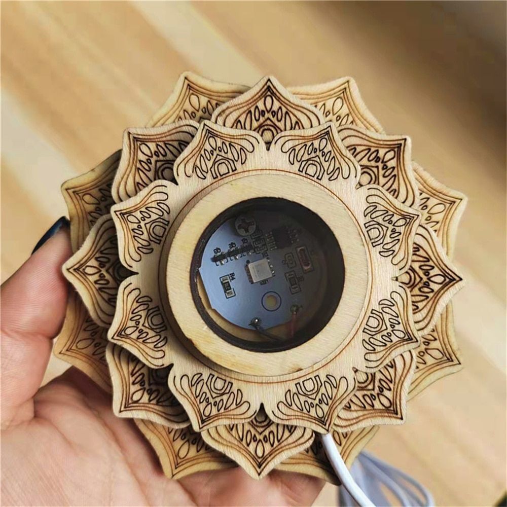 Crystal Ball Wooden Lotus Base Desktop Craft Ornament Rechargeable Display Stand
