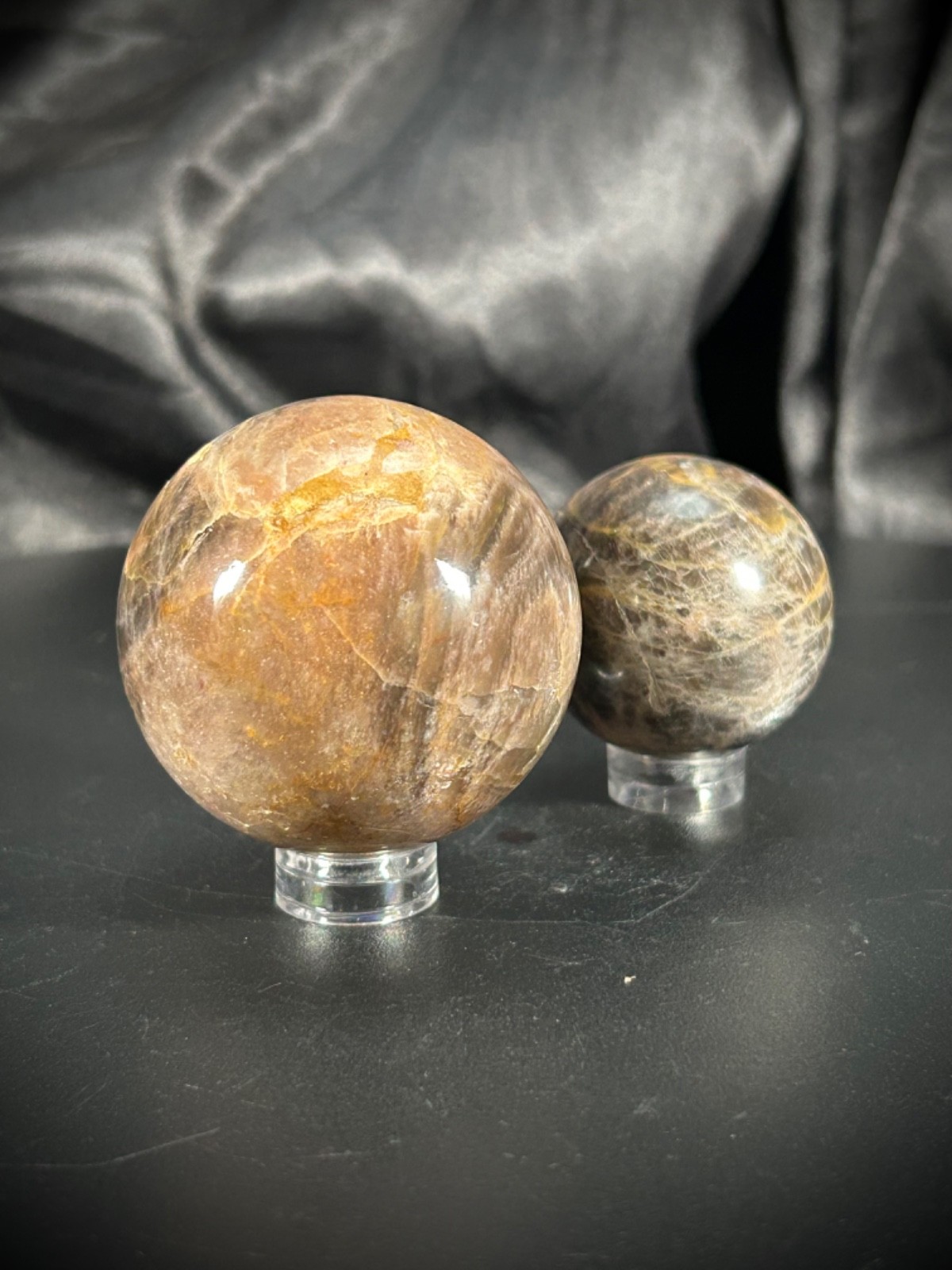 2 Piece Black Moonstone Sphere Bundle With Acrylic Stands 6.6oz (186 grams)