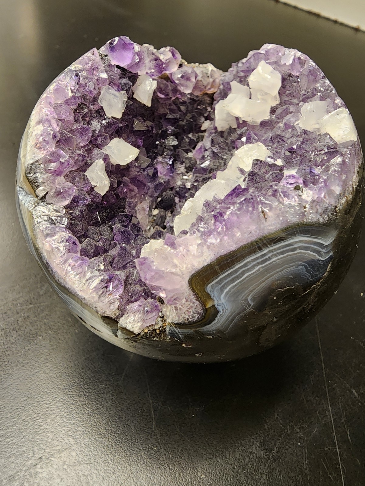 Lg 785g Amethyst Geode Sphere Natural Agate Band White Calcite Crystal Display