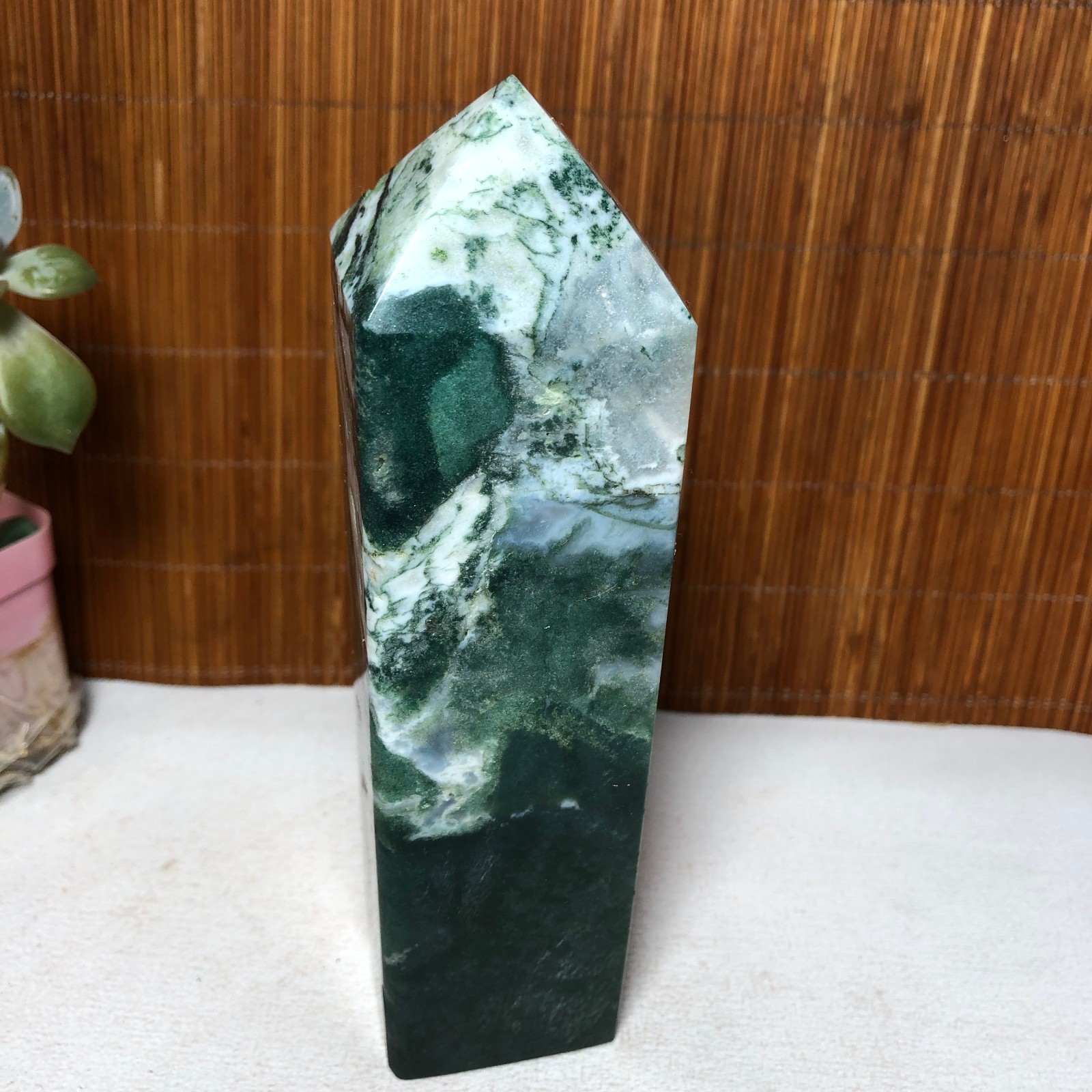 157mm Natural Polish Moss Agate Multiple veins Crystal Wand free standing A2286
