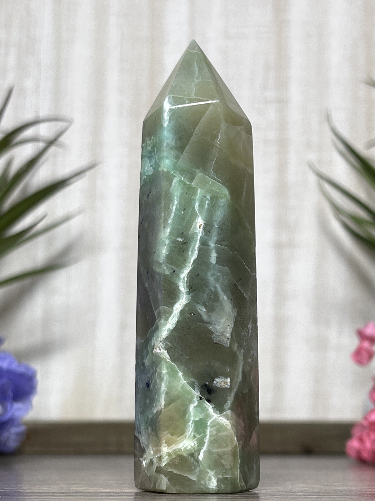GREEN MOONSTONE TOWER – Blue Flash Garnierite Crystal Mineral Point Witch Wiccan