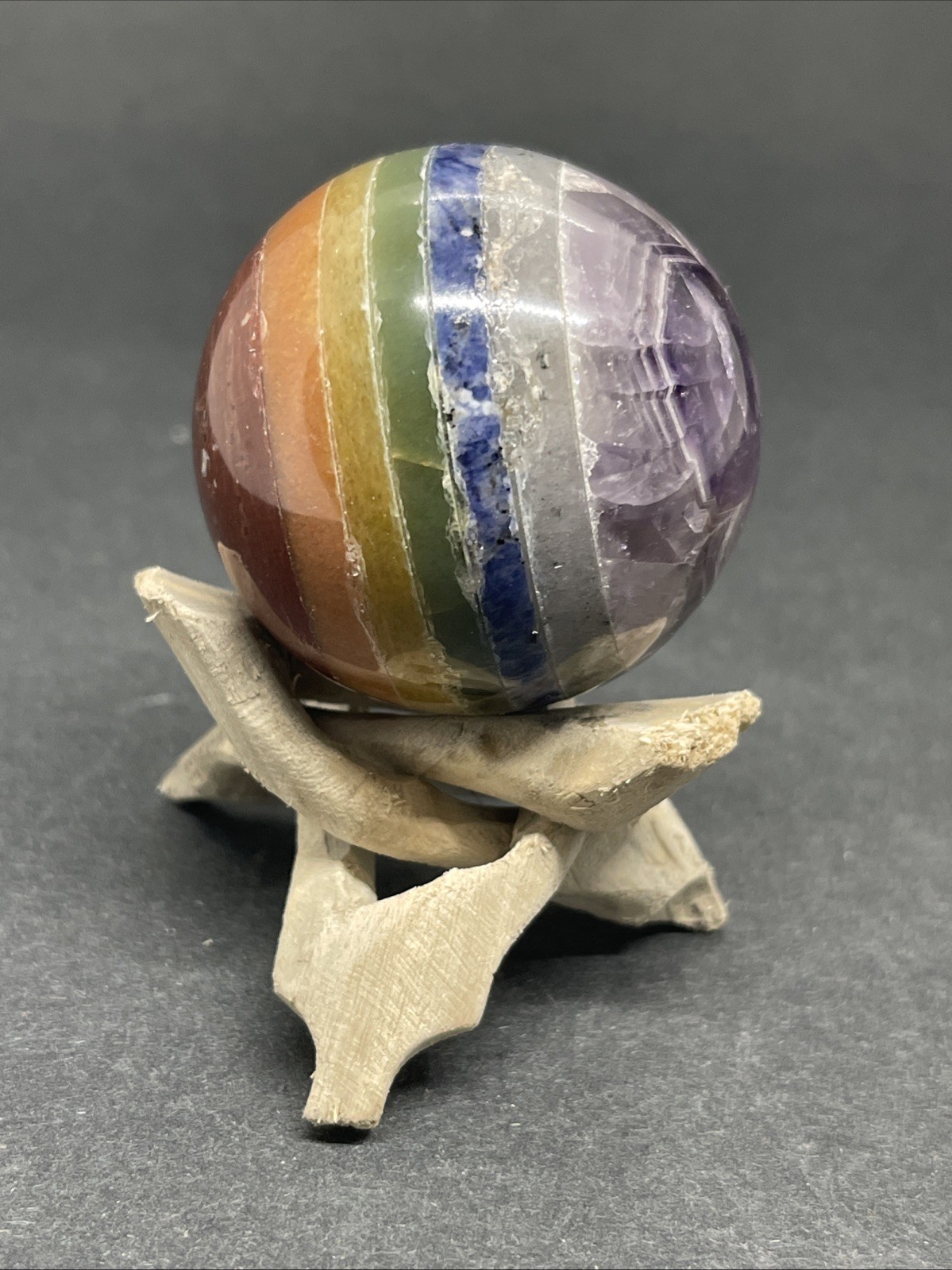 Chakra Sphere Seven 7 Gemstone Crystal Ball w/ Wood Stand 1.75″ D