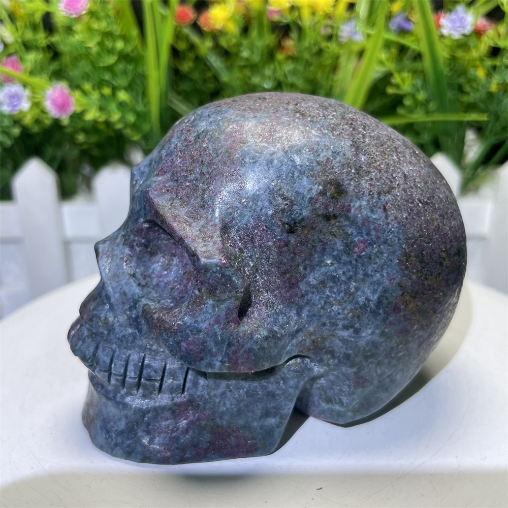 1.3LB 3.1″ Natural Ruby In Fuchsite Skull Carving Crystal UVHealing Carved Decor