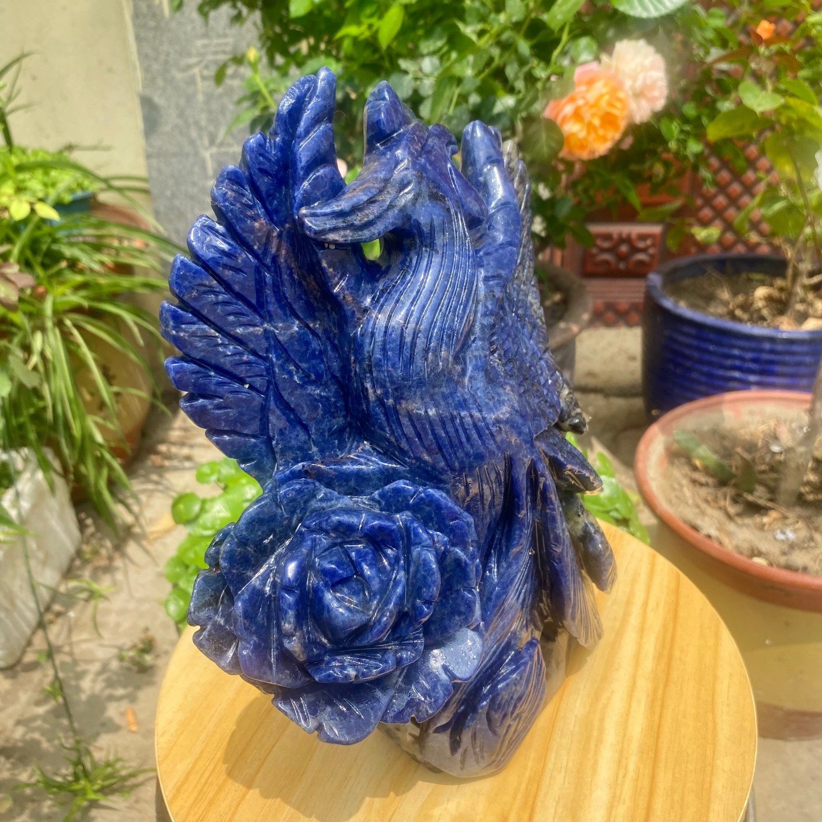 7.71LB Natural Blue Vein Stone Phoenix Carving, Home Decoration