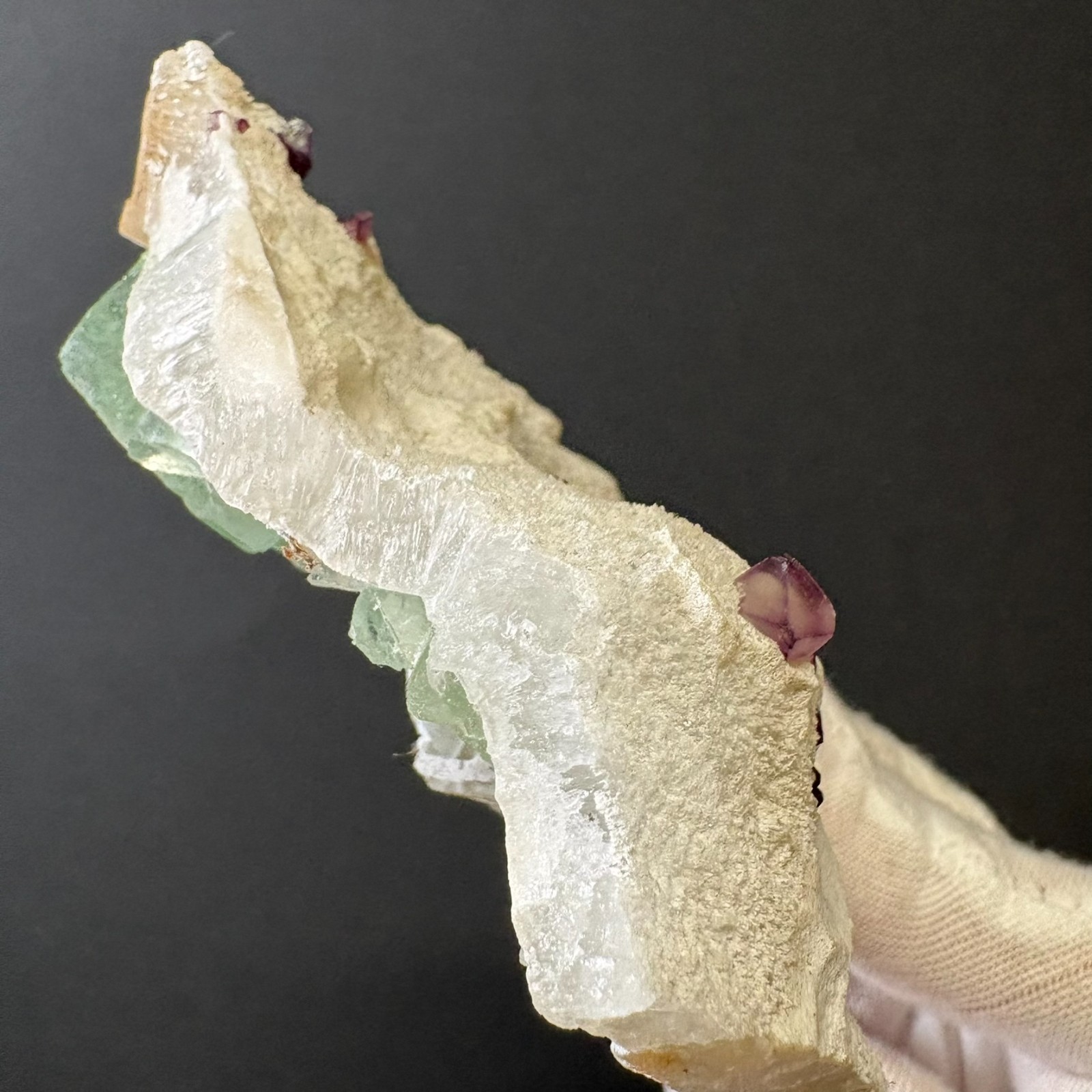 Natural Green & Purple Octahedron Fluorite on White Druzy Crystal Specimen B13