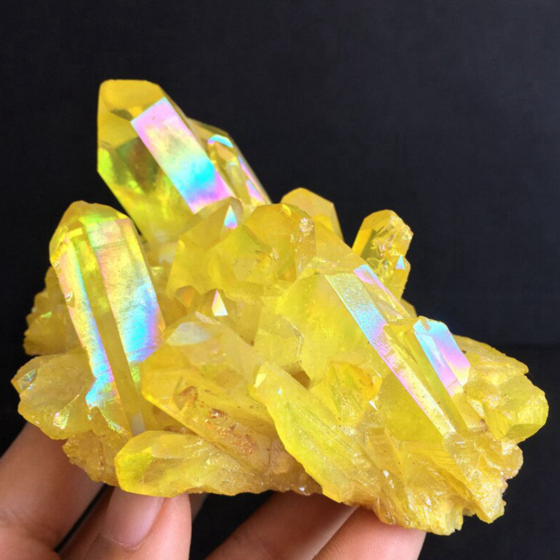 Large Natural Aura Yellow Titanium Rough Rock Stone Quartz Crystal Cluster Decor