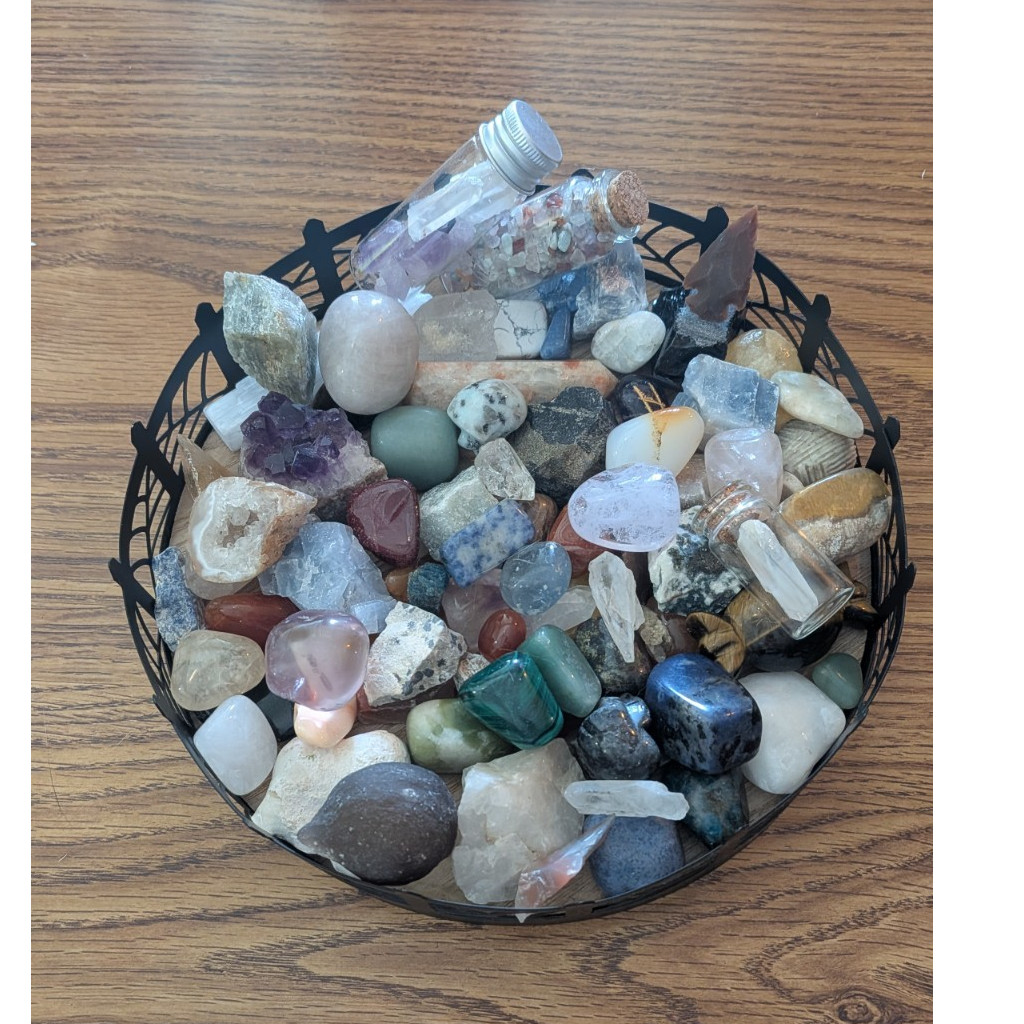 Mixed Crystal & Mineral Lot Tumbled Stones, Points, Mini Glass Vials in Basket