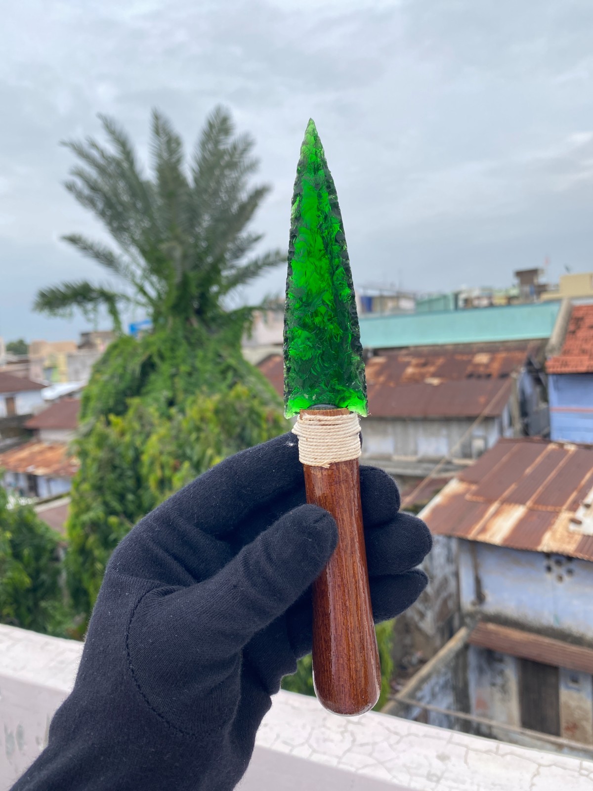 Handmade Green Obsidian Knife | Primitive Stone Blade | Wood Handle