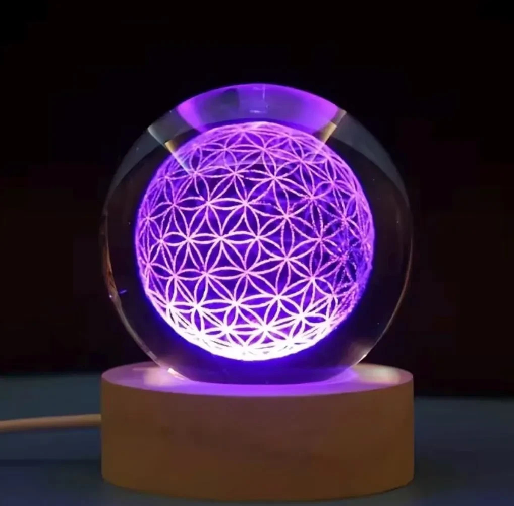 3.15″ Quantum Flower of Life Clear Crystal Sphere Orb Ball, Colored Wooden LED