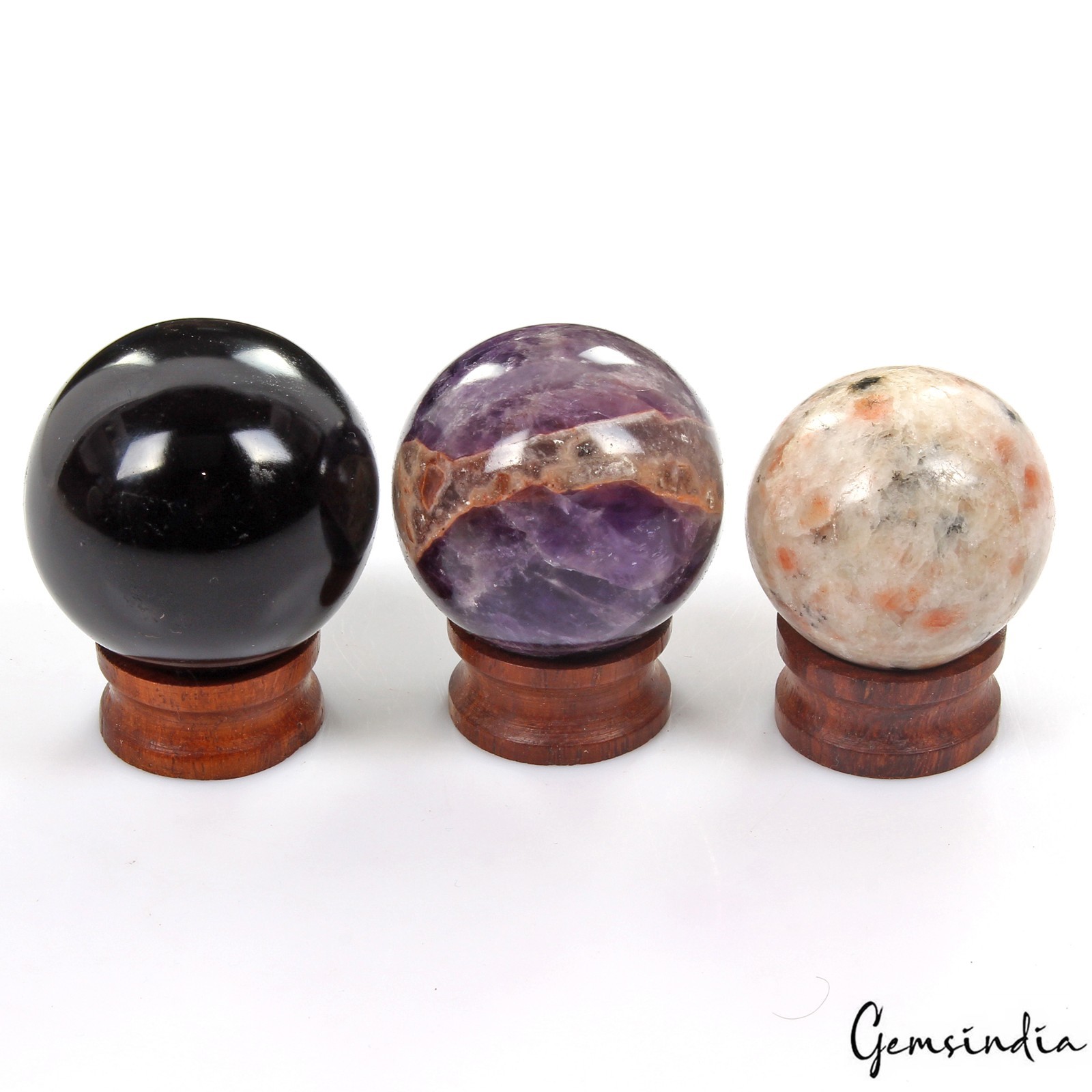 1190 Ct/3 Pcs Natural Untreated Multi Healing Crystal Gems Sphere Lot With Stand