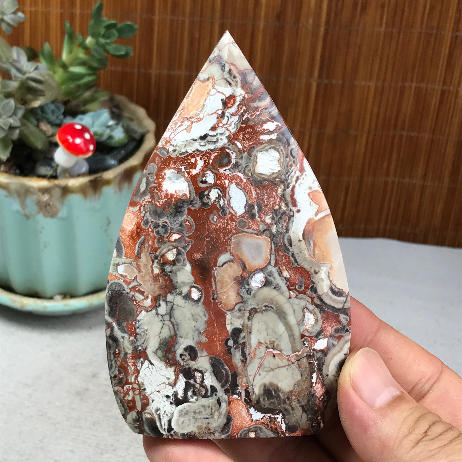 Natural money Mexico agate hand carve leaf Crystal Specimen free standing A6260