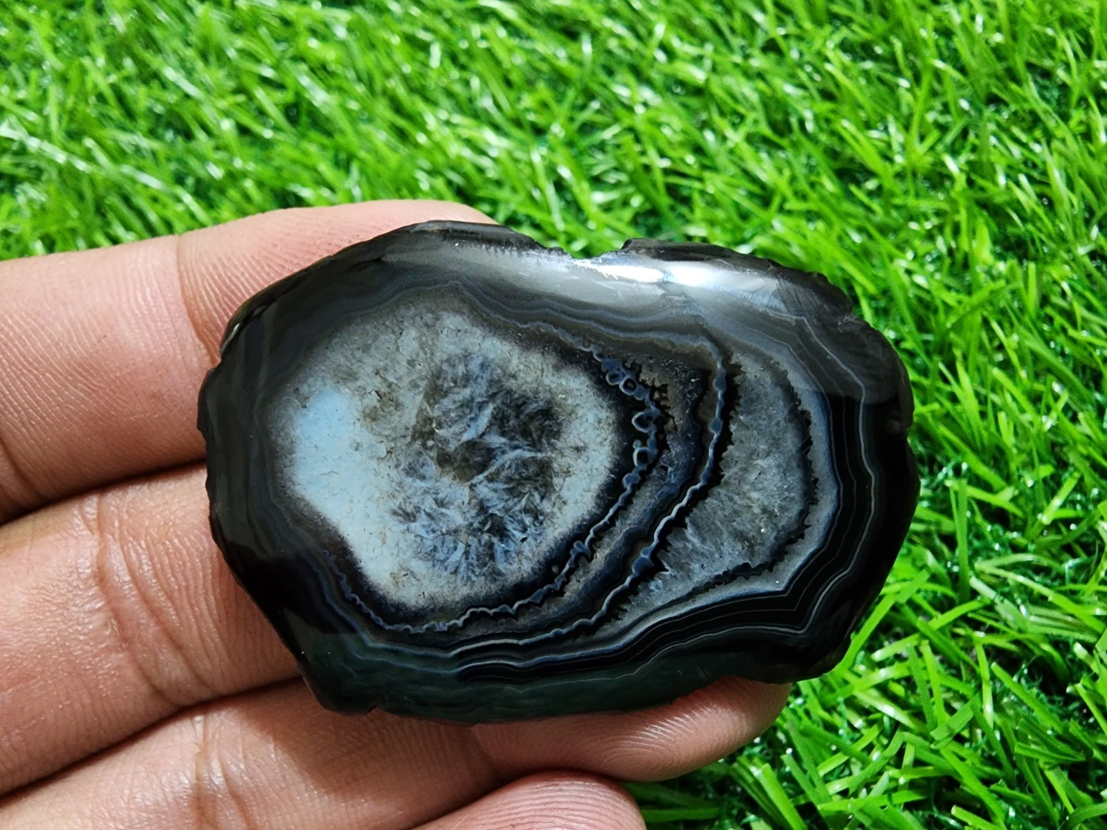 74ct Black Banded Slice Agate Druzy, Polished Geode Slab Crystal Loose Gemstone
