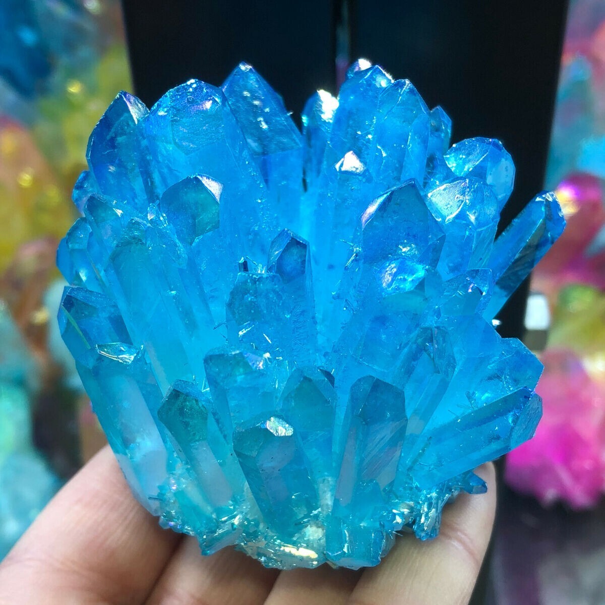 Titanium Aura Blue Crystal Rainbow Healing Cluster Geode Rock Decor Gift