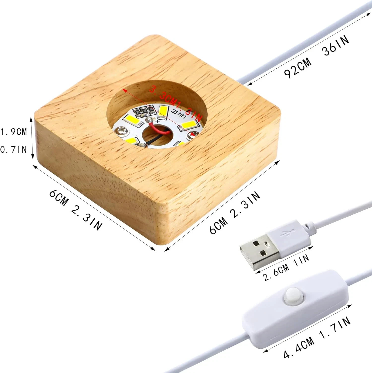 Pack 2 Wooden LED Light Display Base 2.3In Crystal Glass Light Base Stand Wood L