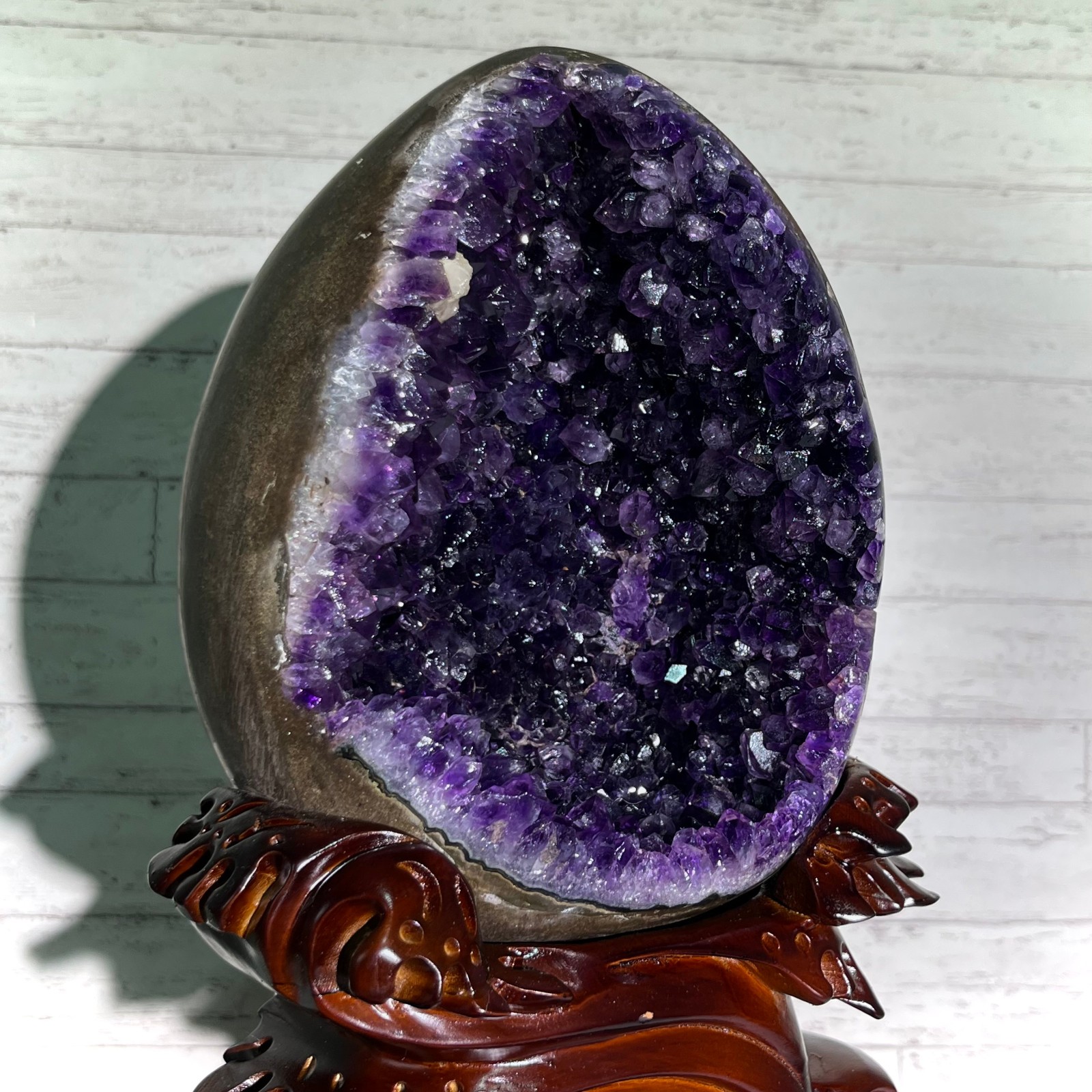13.4 lb Amethyst Cluster Geode Dragon Egg Crystal w/ Wood Stand Mineral Specimen