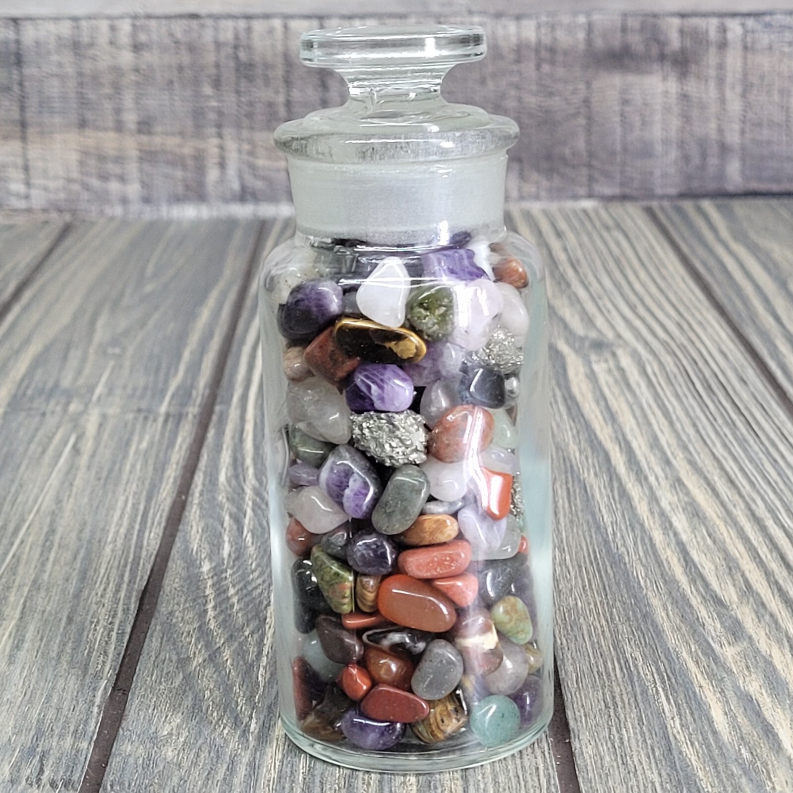 8oz Mixed Crystals in Vintage Chemist Apothecary TCW Glass Jar Small Tumbles EUC
