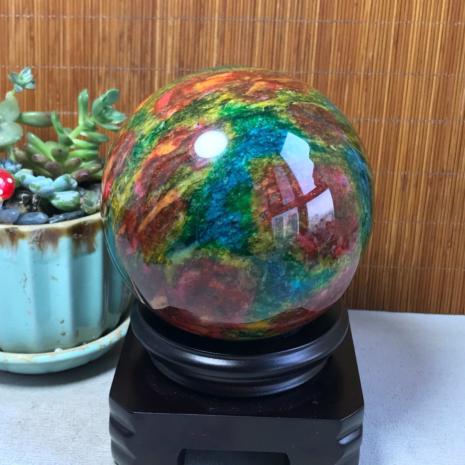 Natural “Seven Colors Jade” sphere Ball -Taiwan China 1.85kg Base Random A5805