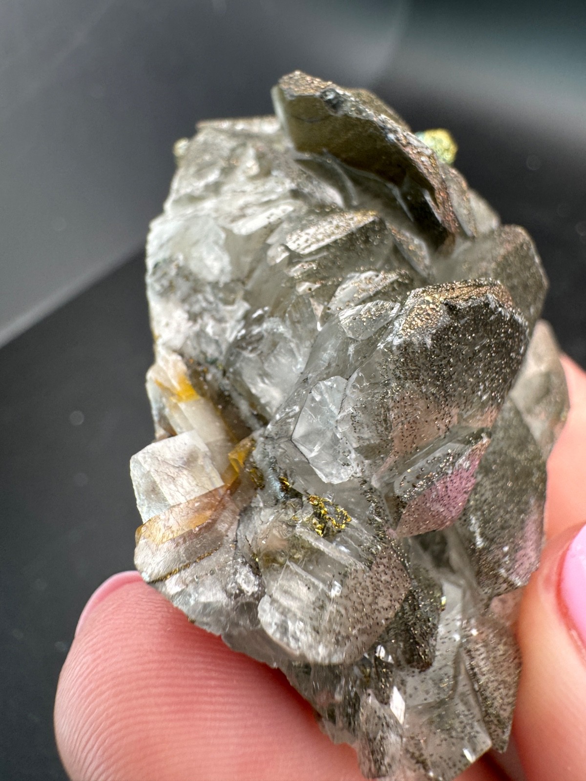 6703 Rainbow Chalcopyrite on Gray Benz Calcite Fu Jian 55g