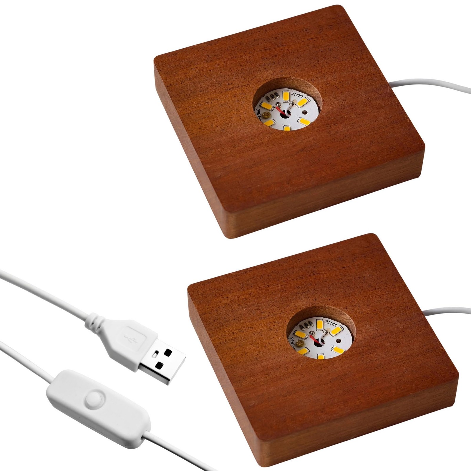 2Pcs Wooden LED Light Base Display Lighted Base for Crystals – Brown Square W…