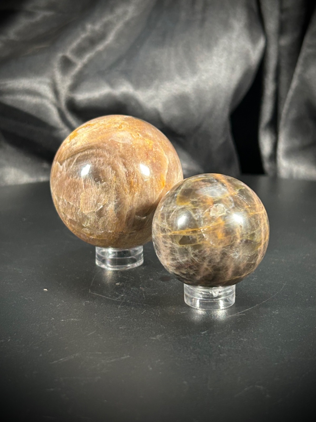 2 Piece Black Moonstone Sphere Bundle With Acrylic Stands 6.6oz (186 grams)