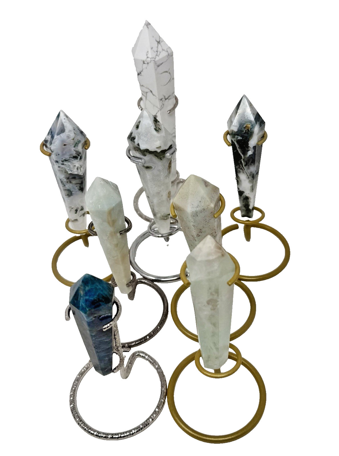 Lot Of 8 Crystal Wands With Stands Mixed Materials