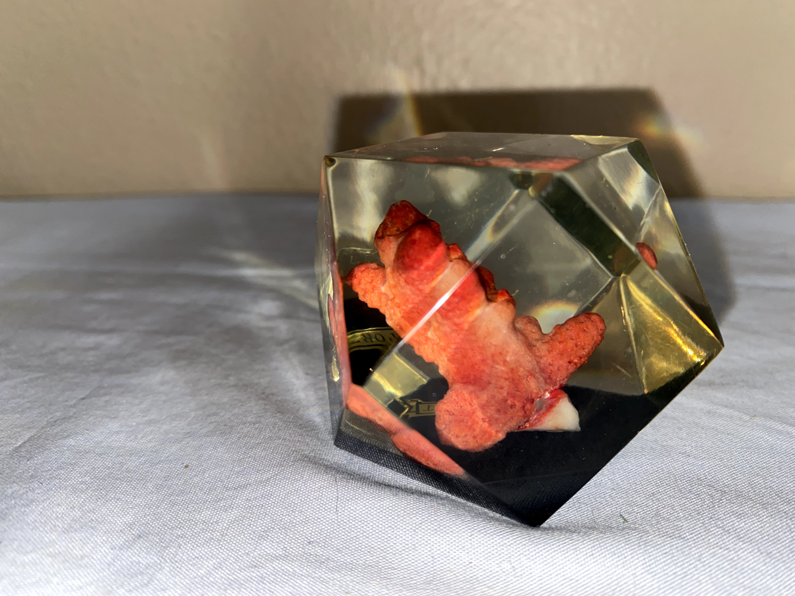 Vtg Lucite Resin 3D Hexagon Red Coral Art Paperweight Freeport (ToteGGG)