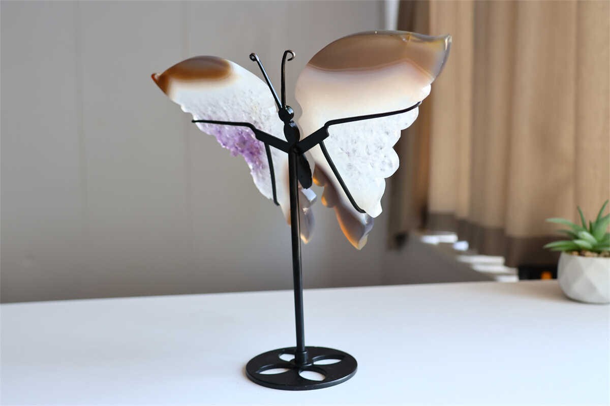 650g Natural Geode Agate Carved Butterfly Wing Reiki Crystal Decor Gift + Stand