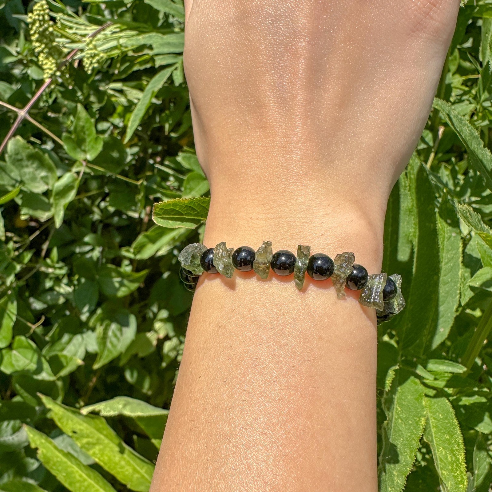 Black Tourmaline + Moldavite Bracelet / Raw Natural Green Czech Republic Tektite