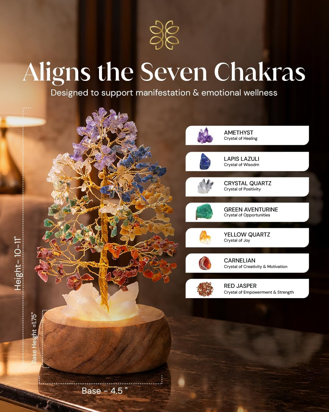 7 Chakra Crystal Tree of Life with LED Light, Handcrafted Gemstone Bonsai with Q