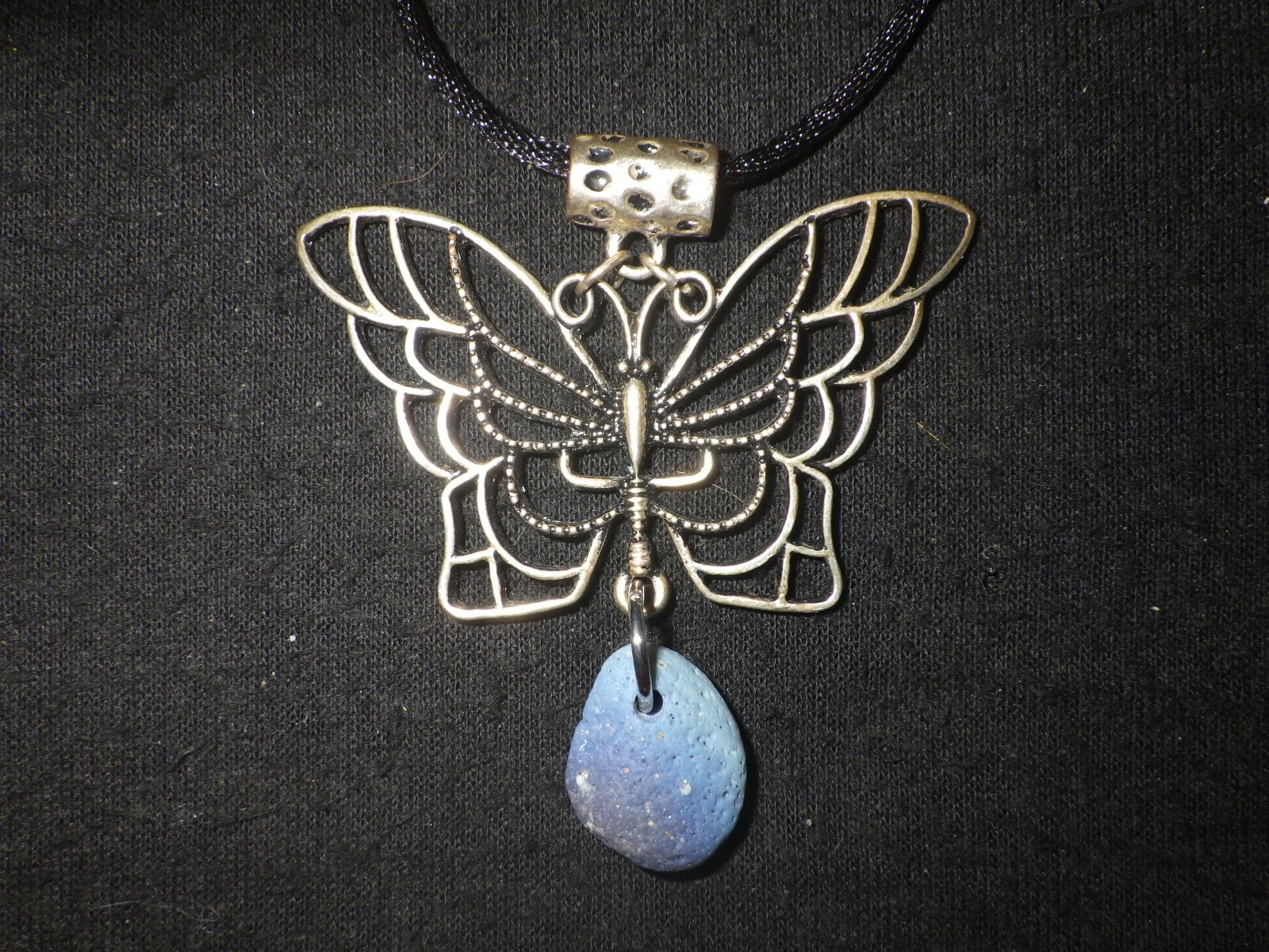 Leland Blue Stone Slag Glass Butterfly Necklace