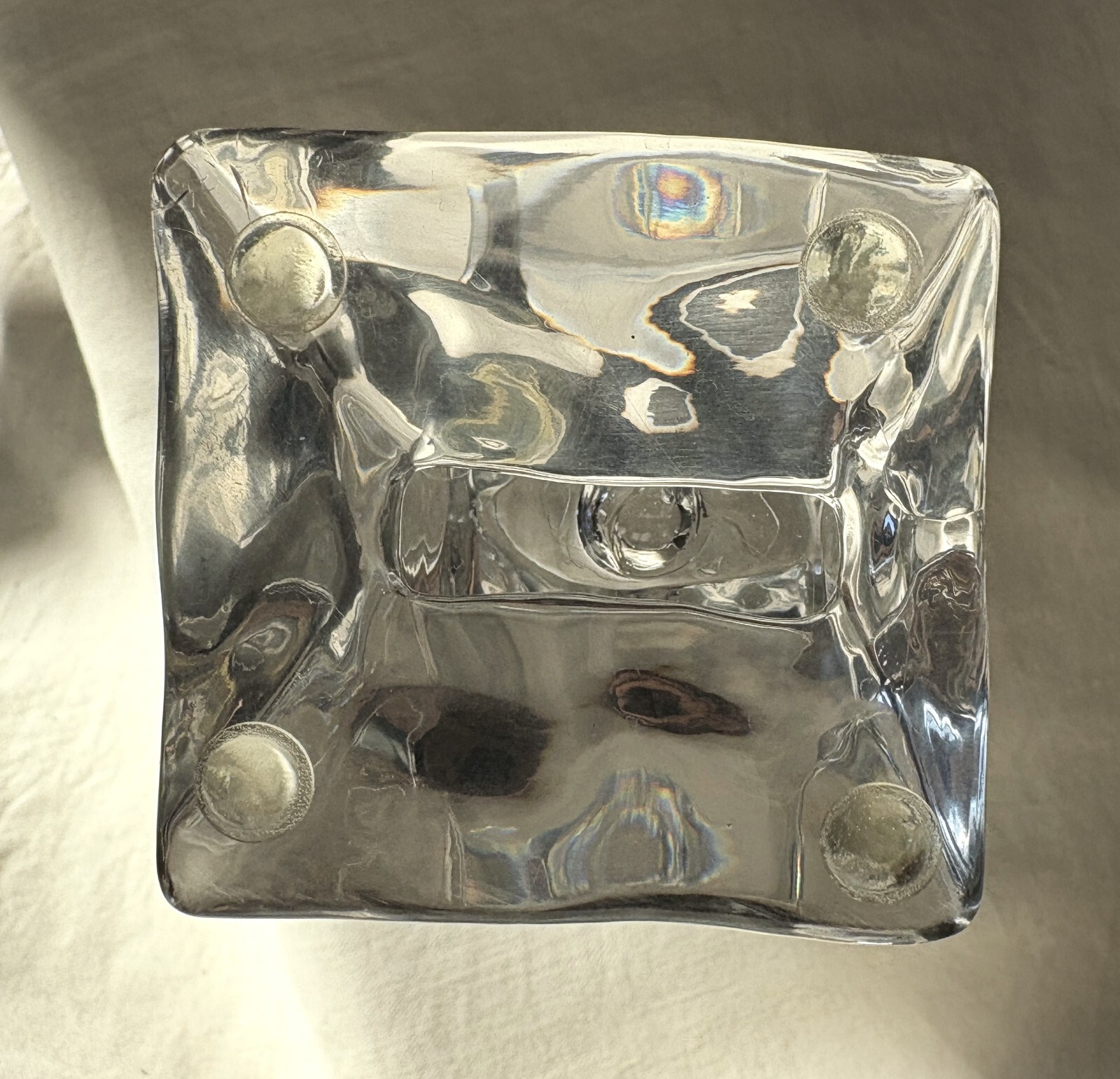 French crystal table glass with Lucite stem melting ice cube. 7″ h. Vintage 1970